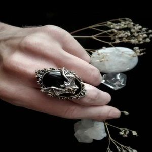 Bat Ring Adjustable Resin Black Stone Silver Tone Alloy Halloween